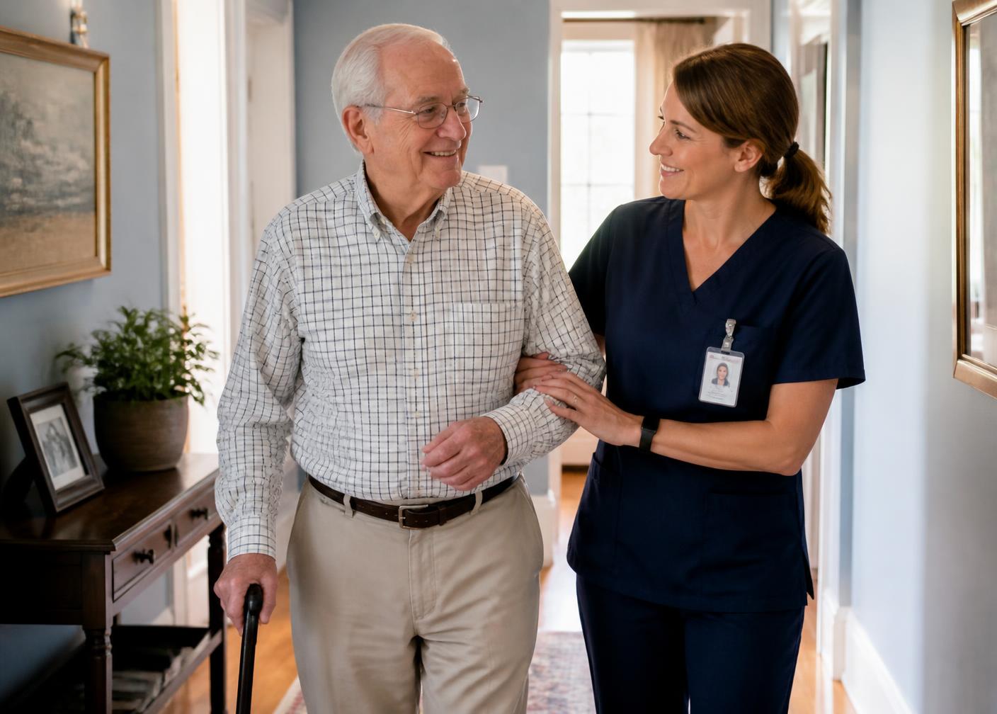 A Home Care Aide steadying an older man as he walks through his hallway